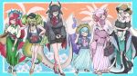  absurdres alternate_costume bare_shoulders black_dress black_hair black_shorts blue_hair blush bow braid breasts chamber_dragonmaid coat dragon_girl dragon_horns dragon_tail dragon_wings dress duel_monster full_body glasses green_eyes green_hair hat high_heels highres holding horns house_dragonmaid kitchen_dragonmaid large_breasts laundry_dragonmaid long_hair long_skirt long_sleeves looking_at_viewer multiple_girls nurse_dragonmaid off-shoulder_shirt off_shoulder open_clothes open_coat open_mouth parlor_dragonmaid pink_eyes pink_hair pleated_skirt red_bow red_hair shirt shorts skirt slippers smile solo standing tail white_background white_hair wings yamasu_(tmy-0902) yellow_eyes yu-gi-oh! 