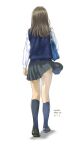  1girl absurdres ass bag black_footwear black_socks blue_bag blue_sweater brown_hair from_behind full_body highres kneehighs long_sleeves medium_hair original school_bag school_uniform shirt socks sweater thighs white_shirt y.kami_nao/take 