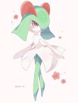  artist_name closed_mouth colored_skin full_body green_hair highres iwasi_29 kirlia looking_at_viewer pokemon pokemon_(creature) red_eyes simple_background smile solo standing twitter_username white_background white_skin 