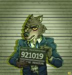  2021 absurd_res anthro beaten beating blood bodily_fluids bruised_eye canid canine canis clothing dreamworks english_text fur hi_res holding_object holding_sign imperial_unit jail_placard katxfish lidded_eyes looking_at_viewer male male_anthro mammal measurements mr._wolf_(the_bad_guys) nosebleed number numbered_tag placard police_lineup scene_interpretation sign solo station suit teeth text the_bad_guys unit wolf 