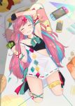  1girl absurdres amakawa_ruka armpits blush breasts cellphone chips commentary_request drooling eyes_closed food gloves hair_ornament highres long_hair multicolored_hair nintendo nintendo_switch open_mouth phone pillow pink_hair pinky_pop_hepburn pinky_pop_hepburn_official potato_chips ribbon sleeping small_breasts solo virtual_youtuber 