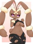  1girl :3 animal_ears animal_nose bare_shoulders black_pantyhose black_sclera black_sports_bra blush border breasts brown_background clenched_hand closed_mouth colored_sclera commentary crotchless crotchless_pantyhose english_commentary furry furry_female groin hand_on_own_chest hands_up happy leg_up looking_at_viewer lopunny medium_breasts mega_lopunny mega_pokemon navel outline outside_border pantyhose pointy_ears pokemon pokemon_(creature) purple_eyes rabbit_ears rabbit_girl rabbit_tail shirom short_tail simple_background smile solo sports_bra standing standing_on_one_leg stomach tail thick_thighs thighs torn_clothes torn_pantyhose underboob white_border white_outline wide_hips 