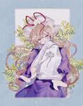  1girl blonde_hair blue_border border chinese_knot closed_eyes dress elbow_gloves facing_viewer floating_hair flower gloves hat hat_ribbon highres holding hugging_object katai_(nekoneko0720) leaf long_hair mob_cap outside_border plant purple_dress red_ribbon ribbon short_sleeves solo tassel touhou upper_body urn very_long_hair white_background white_gloves white_headwear yakumo_yukari yellow_flower 