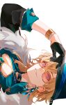  1boy aqua_shirt aventurine_(honkai:_star_rail) black_gloves black_headwear blonde_hair bracelet clothing_cutout collared_shirt earrings fur_trim glasses gloves hair_between_eyes hat highres honkai:_star_rail honkai_(series) jewelry looking_at_viewer male_focus neck_tattoo shirt short_hair simple_background solo srro_yo tattoo white_background 