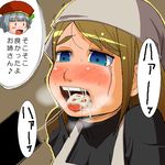  bad_id bad_pixiv_id bandana blue_eyes blush brown_hair censored cum cum_in_mouth cum_on_tongue freckles multiple_girls open_mouth original soxy tears tongue translated 