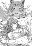  2girls animal_ear_fluff animal_ears blush braid breasts breath cat_ears cleavage closed_mouth commentary_request fangs french_braid greyscale highres holding_hands interlocked_fingers large_breasts long_hair long_sleeves looking_at_viewer monochrome multiple_girls open_mouth original shirt takekawa_shin upper_body yuri 