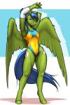 2024 absurd_res anthro blue_eyes blue_hair blue_tail breasts clothing cutie_mark elbow_brace equid equine eyebrows eyelashes fan_character feathered_wings feathers female fur green_body green_fur hair hand_on_elbow hasbro hi_res hooves looking_at_viewer mammal my_little_pony mykegreywolf mythological_creature mythological_equine mythology one-piece_swimsuit pegasus rally_flag scar small_breasts solo swimwear tail unguligrade wings