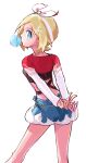  1girl absurdres arms_behind_back black_undershirt blonde_hair blowing_bubbles blue_eyes blue_shorts bow_hairband chewing_gum cropped_shirt denim denim_shorts ffccll from_behind hairband highres irida_(pokemon) irida_(special_costume)_(pokemon) long_sleeves looking_at_viewer looking_back official_alternate_costume own_hands_together pokemon pokemon_masters_ex red_shirt shirt short_hair shorts solo white_background white_hairband 