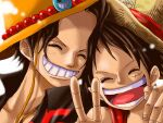  2boys ^_^ black_hair black_shirt close-up closed_eyes collared_shirt commentary_request freckles hat heads_together kara_(acluf-0156) male_focus monkey_d._luffy multiple_boys one_piece open_mouth orange_headwear portgas_d._ace red_shirt scar scar_on_face shirt short_hair sleeveless sleeveless_shirt smile straw_hat v white_background 