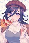  1girl alternate_costume beret breasts casual clorinde_(genshin_impact) commentary emi_(emiaegi) food genshin_impact hands_up hat highres holding holding_food holding_pizza long_hair long_sleeves looking_at_viewer medium_breasts pink_lips pizza pizza_slice plaid_headwear purple_eyes purple_hair solo sweater turtleneck turtleneck_sweater upper_body white_sweater 