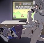  2girls black_choker blurry blurry_background blush bottomless breasts censored choker clothed_sex fishnets grey_eyes grey_hair hair_between_eyes holding_hands honkai:_star_rail honkai_(series) interlocked_fingers jacket leg_lift leg_up long_hair long_sleeves looking_at_another lying mario_(series) mario_kart multiple_girls navel on_side open_mouth parted_lips penis ponytail sex shirt short_sleeves silver_wolf_(honkai:_star_rail) smile srfr stelle_(honkai:_star_rail) super_mario_kart sweat trailblazer_(honkai:_star_rail) trembling tribadism vaginal white_hair white_shirt yellow_eyes yuri 