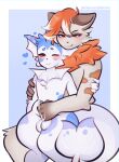 anthro balls beau_(vaporwaveon) blue_body blush bodily_fluids brown_eyes cum domestic_cat duo eeveelution felid feline felis fiamourr fluffy fur generation_1_pokemon genital_fluids genitals hair hi_res looking_pleasured male male/male mammal masturbation nintendo on_lap orange_body orange_eyes orange_fur orange_hair pokemon pokemon_(species) reach_around sitting_on_lap tail text url vaporeon white_body white_hair