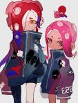  2girls agent_8_(splatoon) blue_hair cephalopod_eyes closed_mouth commentary_request dedf1sh ear_piercing earrings gradient_hair hair_over_one_eye highres hoop_earrings jewelry li04r long_hair looking_at_viewer medium_hair multicolored_hair multiple_girls octoling octoling_girl octoling_player_character octopus open_mouth piercing pink_hair raincoat red_hair simple_background sleeves_past_fingers sleeves_past_wrists splatoon_(series) splatoon_2 splatoon_2:_octo_expansion splatoon_3 splatoon_3:_side_order standing tentacle_hair thick_eyebrows two-tone_hair white_background yellow_eyes 