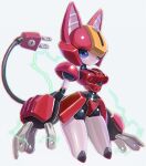  1girl animal_ears blue_eyes breasts cat_ears electric_plug electric_plug_tail electricity helmet highres humanoid_robot medarot medium_breasts no_mouth panties pepper_cat red_panties robot robot_girl simple_background solo tail underwear white_background yoyoyoyoyo_(turuse) 