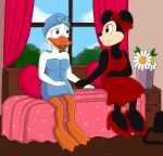accessory anatid anseriform anthro avian barefoot bird blue_towel bow_ribbon breasts clothing college_student conversation_without_dialog daisy_(flower) daisy_duck dialogue digital_media_(artwork) disney dorm_room dress duck duck_footed duo eye_contact feet female female/female flower hair_accessory hair_bow hair_ribbon hand_on_hand hi_res looking_at_another lunula_(artist) mammal minnie_&amp;_daisy:_best_friends_forever minnie_mouse mouse murid murine open_mouth open_window pillow plant purse red_clothing red_curtains red_dress red_hair_bow ribbons rodent serious_face smile talking_to_another towel towel_around_torso towel_on_head towel_only wholesome