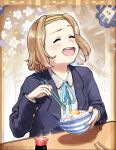  1girl artist_name blue_jacket bowl brown_hair chopsticks closed_eyes eating egg_(food) flower food hairband holding holding_chopsticks jacket k-on! malaco_po open_mouth rice rice_bowl sakuragaoka_high_school_uniform school_uniform shirt short_hair solo tainaka_ritsu white_flower white_shirt yellow_hairband 