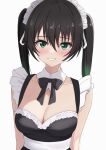  1girl absurdres alternate_costume black_bow black_hair bow breasts cleavage collarbone enmaided gradient_hair green_eyes green_hair grin highres large_breasts looking_at_viewer love_live! love_live!_nijigasaki_high_school_idol_club maid makise_(mix020511) multicolored_hair parted_lips simple_background smile solo takasaki_yu teeth twintails upper_body white_background 
