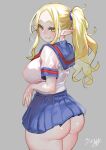  1girl ass blonde_hair blue_sailor_collar blue_skirt breasts closed_mouth commentary_request cowboy_shot elf grey_background huge_ass kawakami_masaki large_breasts long_hair looking_at_viewer original parted_bangs pleated_skirt pointy_ears sailor_collar school_uniform shirt side_ponytail sidelocks signature simple_background skirt smile solo standing thick_thighs thighs white_shirt 