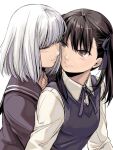  2girls black_hair black_sailor_collar black_shirt blush brown_eyes closed_eyes closed_mouth collarbone commentary_request hair_ribbon highres long_hair looking_at_another medium_hair multiple_girls neck_ribbon original purple_ribbon purple_sweater_vest ribbon sailor_collar shirt simple_background smile sweater_vest takekawa_shin upper_body white_background white_hair white_shirt yuri 