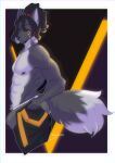 absurd_res anthro big_bulge big_butt black_sclera bulge butt canid canine canis dreadlocks ezukapizumu facial_markings hair half_body half_naked head_markings hi_res male mammal markings metaru_alseif_(daiyo) multicolored_hair red_eyes solo two_tone_hair wolf