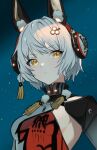  1girl alternate_hairstyle animal_ears dress fake_animal_ears grey_hair headgear headphones highres karenina_(punishing:_gray_raven) looking_at_viewer medium_hair nagseochung official_alternate_costume official_alternate_hair_length official_alternate_hairstyle parted_lips punishing:_gray_raven rabbit_ears red_dress sidelocks solo two-tone_dress white_dress yellow_eyes 