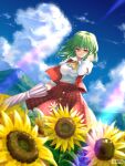  1girl absurdres blue_sky cloud commentary dated_commentary edz_drawz field flower flower_field green_hair hand_in_own_hair highres kazami_yuuka long_sleeves looking_at_viewer medium_hair mountainous_horizon outdoors pink_umbrella red_eyes sky solo sunflower touhou umbrella 