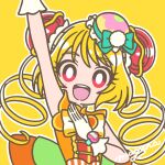  1girl :d blonde_hair bow bright_pupils brooch bun_cover cure_yum-yum delicious_party_precure double_bun drill_hair gloves green_bow hair_bun hanamichi_ran heart heart_brooch highres jewelry long_hair looking_at_viewer mayena orange_bow outline precure red_hair sleeveless smile solo upper_body white_gloves white_outline white_pupils yellow_background yellow_bow 