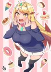  +_+ 1girl :d bare_shoulders black_thighhighs blonde_hair blush breasts cake commentary_request core_crystal_(xenoblade) dessert doughnut dress english_commentary food full_body heart highres ice_cream ice_cream_crepe large_breasts long_hair mixed-language_commentary mythra_(xenoblade) off-shoulder_dress off_shoulder open_mouth osora_(judithandlilith) pancake pink_background pleated_skirt pudding simple_background skirt smile solo strawberry_shortcake striped_background swept_bangs thighhighs tiara two-tone_background white_background white_skirt xenoblade_chronicles_(series) xenoblade_chronicles_2 yellow_eyes 