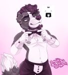 absurd_res anthro beard bow_tie brown_hair canid canine canis chest_tuft clothed clothing domestic_dog facial_hair fur hair hi_res male mammal multicolored_body multicolored_fur nipples simple_background solo tonydunkel topless tuft