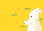  animal_focus closed_eyes commentary_request leaf lilac_(p-f_easy) motion_blur motion_lines no_humans open_mouth original rabbit simple_background solo upper_body white_rabbit_(animal) wind yellow_background 