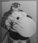 anthro big_pecs black_nipples boxers_(clothing) boxers_only chest_tuft clothed clothing epic_games fangs felid fortnite greyscale hand_on_butt hand_on_own_butt hi_res hyper hyper_pregnancy male mammal monochrome muscular muscular_male navel nipples oscar_(fortnite) pantherine pecs pregnant pregnant_male siberian_tiger simple_background smokeygraypaws solo standing teeth thick_thighs tiger topless tuft unborn_kicking underwear underwear_only