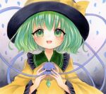  1girl black_headwear blouse blush bow collared_shirt frilled_shirt_collar frilled_sleeves frills gradient_background green_eyes green_hair grey_background hair_between_eyes hat hat_bow hat_ribbon highres komeiji_koishi light_smile long_sleeves looking_at_viewer marker_(medium) open_mouth ribbon shirt simple_background solo third_eye touhou traditional_media upper_body white_background wide_sleeves yellow_bow yellow_ribbon yellow_shirt yuuki_hana_(jtnp5334) 