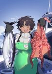  1girl animal apron black_gloves black_hair blush boat bon_(vtuber) breasts closed_eyes cloud dark-skinned_female dark_skin day ear_piercing facing_viewer fish gloves green_apron highres holding holding_animal holding_fish indie_virtual_youtuber large_breasts long_sleeves octopus open_mouth outdoors piercing second-party_source short_hair sky solo syakunetuu virtual_youtuber watercraft 