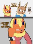3:4 absurd_res anthro big_breasts blue_eyes breasts brown_body brown_eyes brown_fur canid canine clothed clothing digital_drawing_(artwork) digital_media_(artwork) duo eevee eeveelution elizabeth_venizee english_text female flamberry_(artist) flareon franklin_flare fur generation_1_pokemon hair hi_res male male/female mammal nintendo open_mouth orange_body orange_fur pokemon pokemon_(species) simple_background smile tan_body tan_fur text