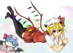  2girls ascot bat_wings black_thighhighs blonde_hair blue_hair closed_eyes closed_mouth flandre_scarlet full_body green_ascot hair_between_eyes hat light_smile looking_at_viewer lowres lying mob_cap multicolored_wings multiple_girls no_shoes on_stomach ouga_0505 pink_headwear pink_shirt pink_skirt pleated_skirt pointy_ears red_eyes red_skirt red_vest remilia_scarlet shirt siblings sisters skirt the_pose thighhighs touhou vest white_background white_headwear white_shirt wings wrist_cuffs yellow_ascot 