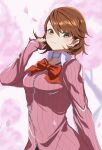  1girl absurdres blurry blurry_background blush bow bowtie breasts brown_eyes brown_hair cardigan cherry_blossoms choker closed_mouth collared_shirt earrings falling_petals gekkoukan_high_school_uniform hair_between_eyes hand_up highres jewelry long_sleeves looking_at_viewer loose_bowtie medium_breasts persona persona_3 persona_3_reload petals pink_cardigan pink_nails red_bow red_bowtie ribbed_cardigan s-m-53413 school_uniform shirt short_hair solo stud_earrings swept_bangs takeba_yukari upper_body white_choker white_shirt 