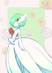  absurdres bob_cut colored_skin dress elbow_gloves floral_background from_side gardevoir gloves green_hair highres mega_gardevoir mega_pokemon norikoi pokemon pokemon_(creature) red_eyes smile white_dress white_gloves white_skin 