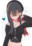  1girl alternate_costume black_hair black_headwear black_jacket blush carmine_(pokemon) closed_mouth colored_inner_hair commentary_request cropped_jacket crossed_bangs earrings eyelashes grid_background hair_between_eyes hasu_175 hat heart highres hoop_earrings jacket jewelry midriff multicolored_hair multiple_necklaces navel pokemon pokemon_sv red_hair red_nails simple_background sleeves_past_wrists solo two-tone_hair upper_body white_background yellow_eyes zipper_pull_tab 
