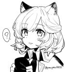  1girl ? animal_ear_fluff animal_ears arknights cat_ears cat_girl greyscale hair_between_eyes highres holding jacket long_sleeves looking_at_viewer monochrome mousse_(arknights) multicolored_hair shirt short_hair simple_background solo tongue tongue_out twitter_username white_background white_hair white_shirt yom_(ymayma00ss) 