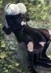  1boy 1girl 2b_(nier:automata) 9s_(nier:automata) back_cutout black_dress black_footwear black_gloves black_hairband black_shorts black_socks boots bush clothing_cutout dress english_commentary gloves hairband highres hug kneeling mitsuki_nite nier:automata nier_(series) outdoors shorts sitting socks thigh_boots white_hair 