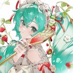 1girl artist_name bare_shoulders blue_eyes blue_hair colored_eyelashes commentary detached_sleeves flower food food-themed_hair_ornament fork frilled_hairband frilled_sleeves frills fruit hair_between_eyes hair_flower hair_ornament hair_ribbon hairband hatsune_miku highres holding holding_fork long_hair long_sleeves looking_at_viewer neonneon321 parted_lips puffy_sleeves red_pupils red_ribbon ribbon ribbon-trimmed_sleeves ribbon_trim sample_watermark shirt signature simple_background sleeveless sleeveless_shirt solo strawberry strawberry_hair_ornament strawberry_miku_(morikura) strawberry_plant symbol-only_commentary twintails upper_body vocaloid watermark white_background white_flower white_hairband white_shirt 