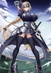  1girl absurdres armor armored_dress banner blonde_hair blue_eyes braid breasts capelet dress fate/apocrypha fate/grand_order fate_(series) faulds flag gauntlets headpiece highres huge_breasts jeanne_d&#039;arc_(fate) jeanne_d&#039;arc_(ruler)_(fate) justice_haruka long_braid long_hair looking_at_viewer plackart single_braid smile standard_bearer thighhighs very_long_hair waistcoat 