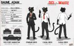 alcohol anthro beverage car cigarette clothing cocktail cocktail_glass container cup domestic_cat dress_shirt drinking_glass english_text felid feline felis food fruit glass glass_container glass_cup gun hi_res male mammal martini model_sheet necktie olive_(fruit) plant posspowered ranged_weapon shirt smoking solo suit text topwear vehicle weapon