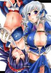  ;p asuru_(armor) blue_hair breasts cleavage cum earrings eyebrows_visible_through_hair futanari hairband jewelry large_breasts long_hair midriff monster_hunter monster_hunter_frontier multiple_girls nargacuga_(armor) one_eye_closed penis pochi_(pochi-goya) purple_eyes red_eyes source_request tongue tongue_out underboob 