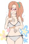 1girl alternate_costume bikini blush breasts cleavage collarbone embarrassed flower_(symbol) flying_sweatdrops frown glasses goeppe grimace hand_on_own_chest hand_on_own_stomach highres large_breasts long_hair looking_at_viewer navel orange_hair red-framed_eyewear red_eyes sekaiju_no_meikyuu sekaiju_no_meikyuu_3 sekaiju_no_meikyuu_hd side-tie_bikini_bottom side_ponytail solo swimsuit white_background white_bikini zodiac_(sekaiju) zodiac_5_(sekaiju) 