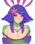 1girl absurdres artist_name blue_hair blue_skin breasts cleavage closed_mouth collarbone colored_skin flower freckles green_skin hair_flower hair_ornament highres jewelry large_breasts league_of_legends medium_hair multicolored_skin necklace neeko_(league_of_legends) orange_eyes pink_flower pink_hair shio_aw simple_background smile solo white_background 