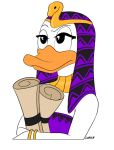 anatid anseriform avian bird bracelet clothing collar comic_book_character disney dress duck egyptian female from_the_diaries_of_the_ancestors gold_(metal) gold_bracelet gold_collar gold_jewelry headdress headgear headwear isis_duck jewelry lunula_(artist) metal_collar purple_clothing purple_dress purple_headdress purple_headwear scribe scroll serious_face snake_headdress solo