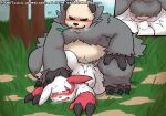 2023 absurd_res anthro backsack balls belly black_body black_nose blush bodily_fluids detailed_background duo generation_3_pokemon generation_6_pokemon genitals hi_res kemono male male/male navel nintendo outside overweight overweight_male pangoro penis plant pokemon pokemon_(species) red_body reddo12340 sex sweat tree white_body zangoose