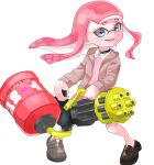  1girl absurdres black_choker blue_eyes brown_footwear choker commentary full_body gun heavy_splatling_(splatoon) highres holding holding_gun holding_weapon inkling inkling_girl inkling_player_character loafers long_hair looking_at_viewer negi_kobito open_mouth pink_hair shoes simple_background smile solo splatoon_(series) splatoon_2 standing symbol-only_commentary tentacle_hair thick_eyebrows weapon white_background 