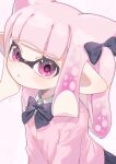  1girl artist_name black_bow black_bowtie bow bowtie dated eyelashes hair_bow heart heart_in_eye highres inkling inkling_girl inkling_player_character looking_at_viewer medium_hair open_mouth pink_eyes pink_hair pointy_ears sahata_saba simple_background solo splatoon_(series) symbol_in_eye tentacle_hair twitter_username upper_body white_background 